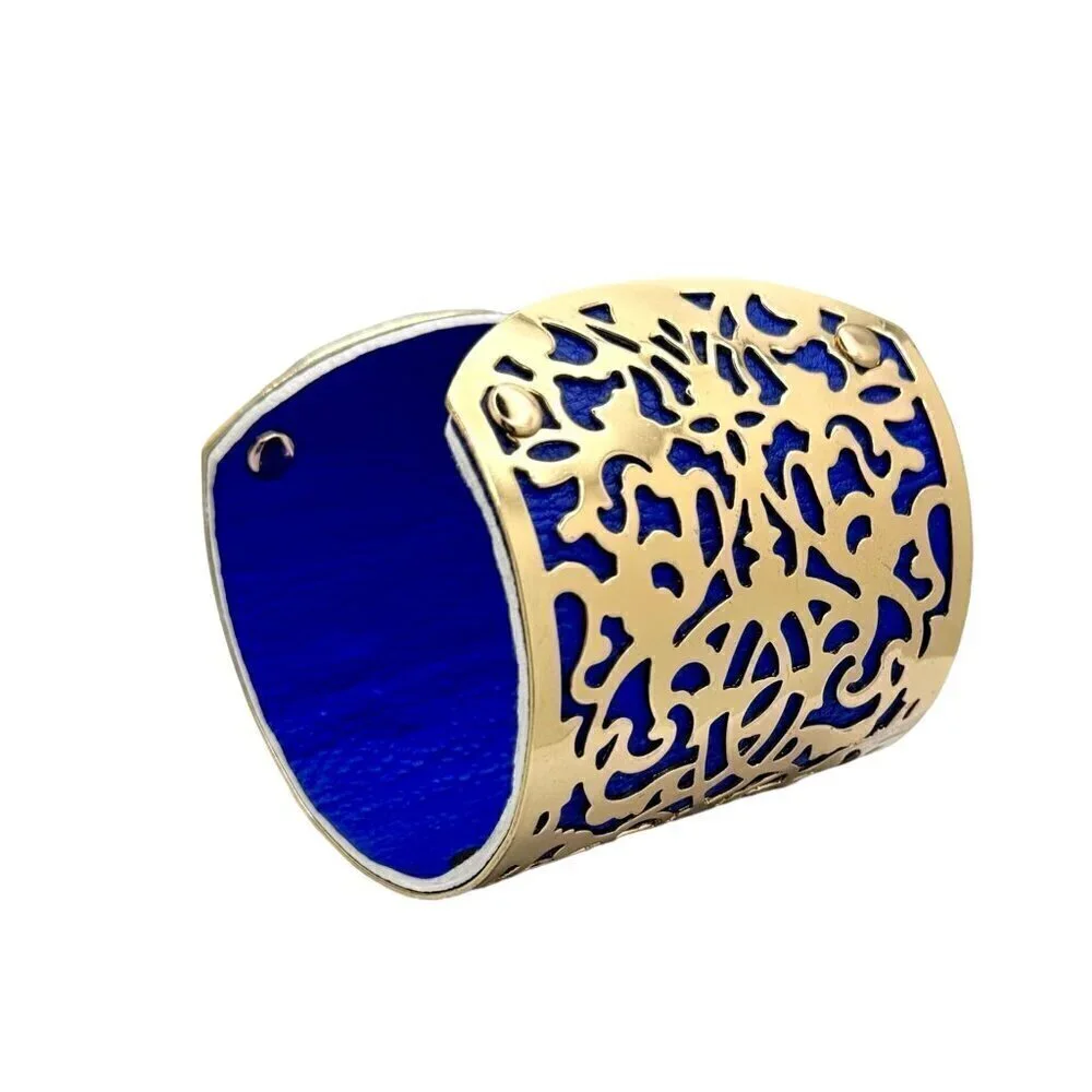 NEW Eye Candy LA Wide Cuff Bracelet Gold-Tone Filigree Overlay Blue Leather